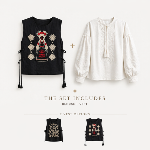 Embroidered Vest & Blouse Set — Manishka Tie Vest + White Vyshyvanka
