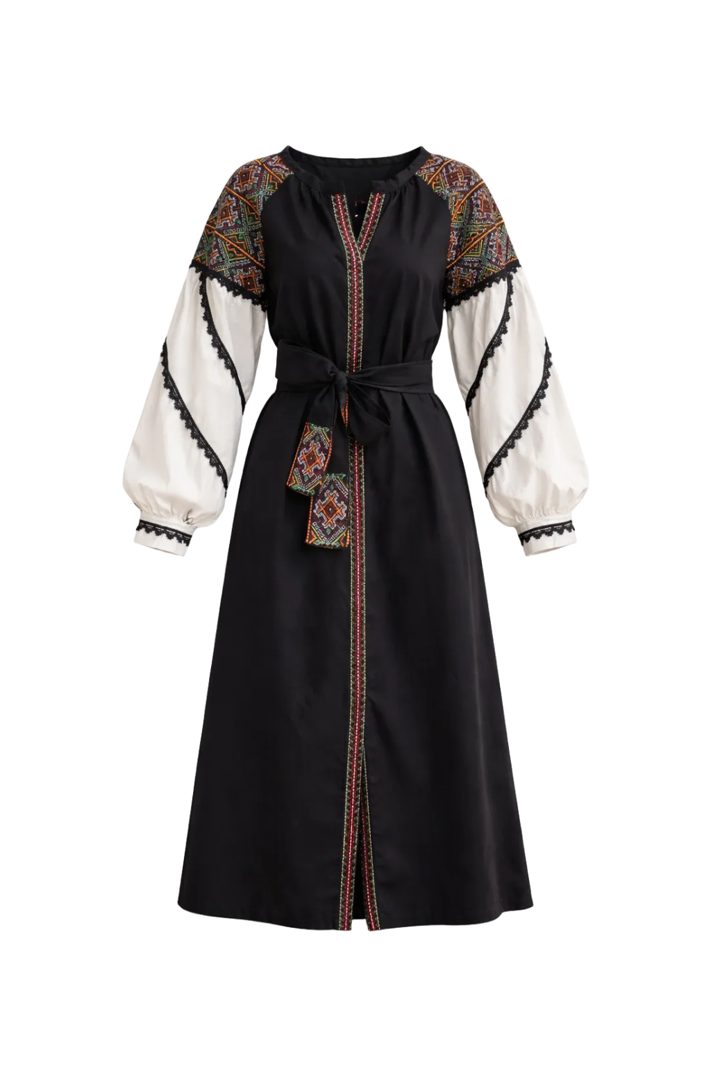 Ukrainian Embroidered Dress with Belt – Cotton Midi | S–3XL