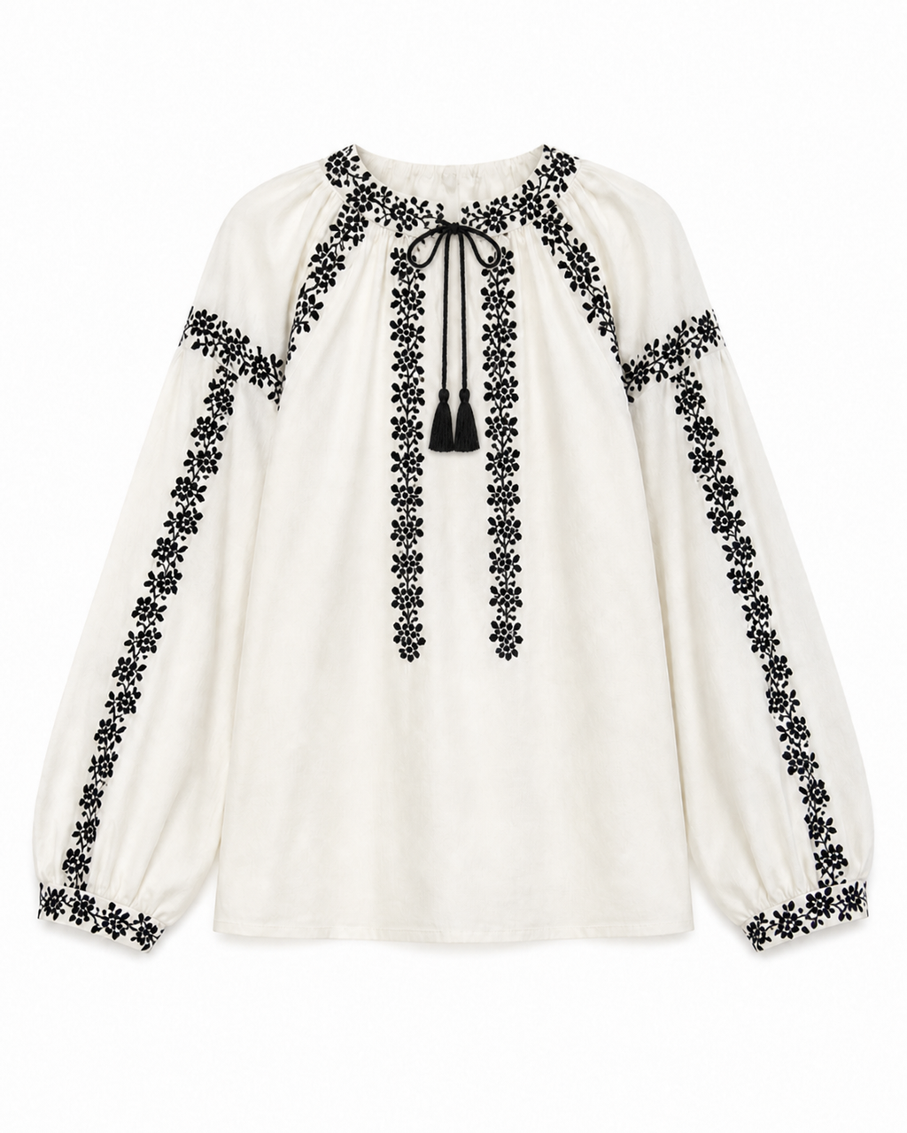 Women's Embroidered Vyshyvanka Shirt — Floral Motif, Tie Neckline & Puff Sleeves