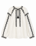 Women's Embroidered Vyshyvanka Shirt — Floral Motif, Tie Neckline & Puff Sleeves