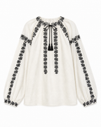 Women's Embroidered Vyshyvanka Shirt — Floral Motif, Tie Neckline & Puff Sleeves