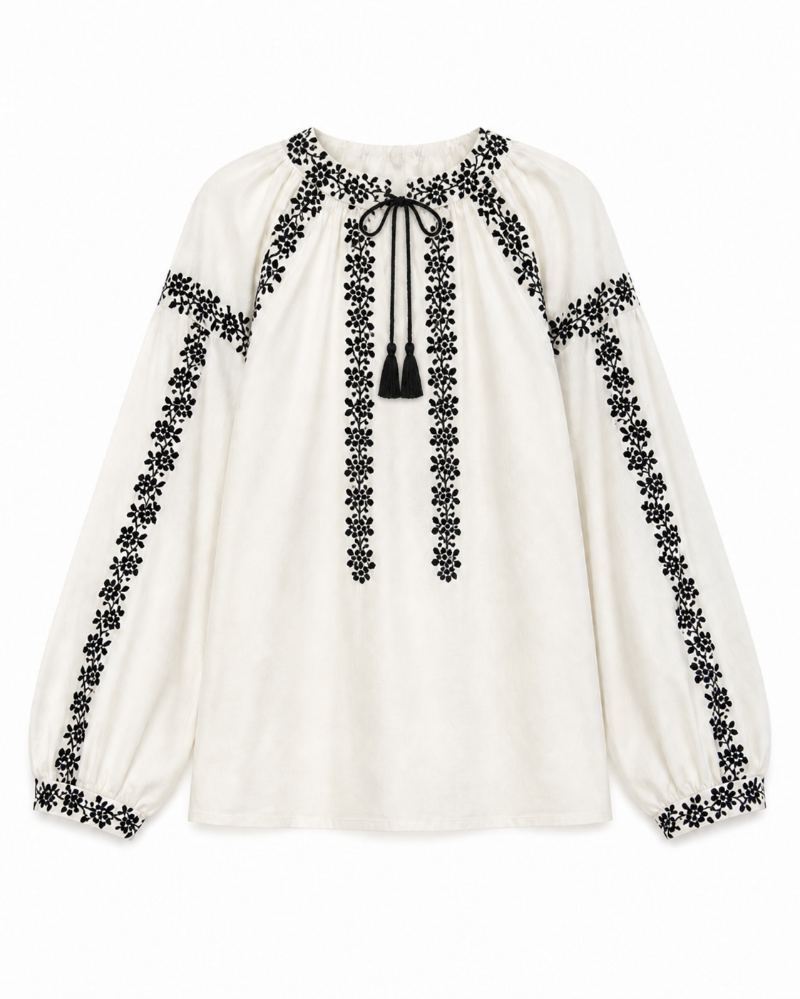 Women's Embroidered Vyshyvanka Shirt — Floral Motif, Tie Neckline & Puff Sleeves
