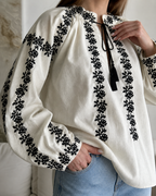 Women's Embroidered Vyshyvanka Shirt — Floral Motif, Tie Neckline & Puff Sleeves
