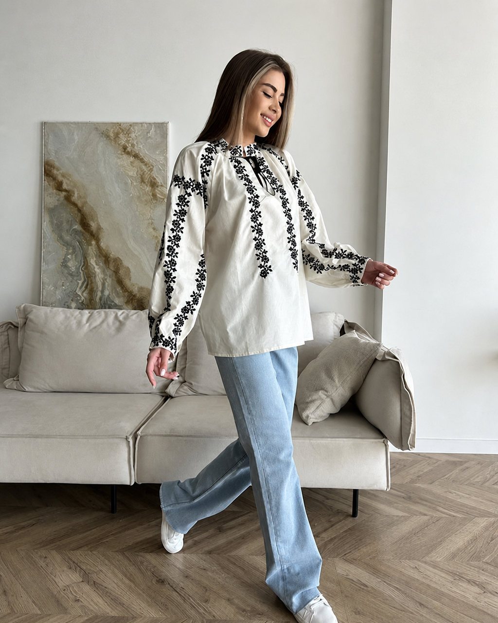 Women's Embroidered Vyshyvanka Shirt — Floral Motif, Tie Neckline & Puff Sleeves