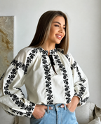 Women's Embroidered Vyshyvanka Shirt — Floral Motif, Tie Neckline & Puff Sleeves