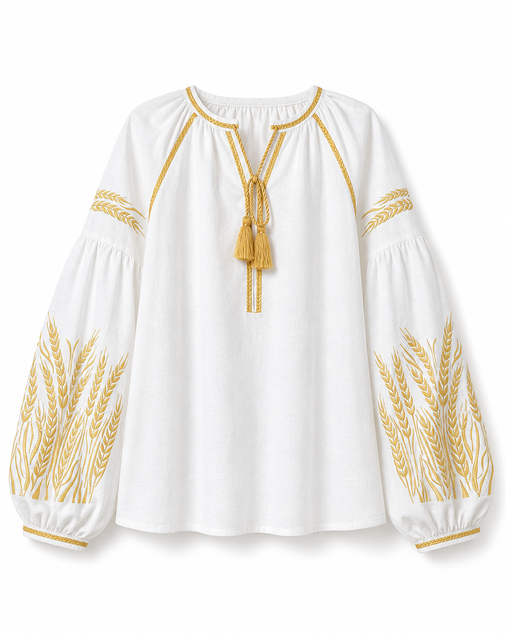 Women's Embroidered Vyshyvanka Blouse — Wheat Ear Motif, Tie Neckline & Puff Sleeves