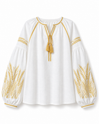 Women's Embroidered Vyshyvanka Blouse — Wheat Ear Motif, Tie Neckline & Puff Sleeves