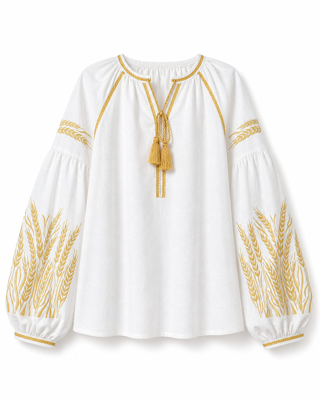 Women's Embroidered Vyshyvanka Blouse — Wheat Ear Motif, Tie Neckline & Puff Sleeves