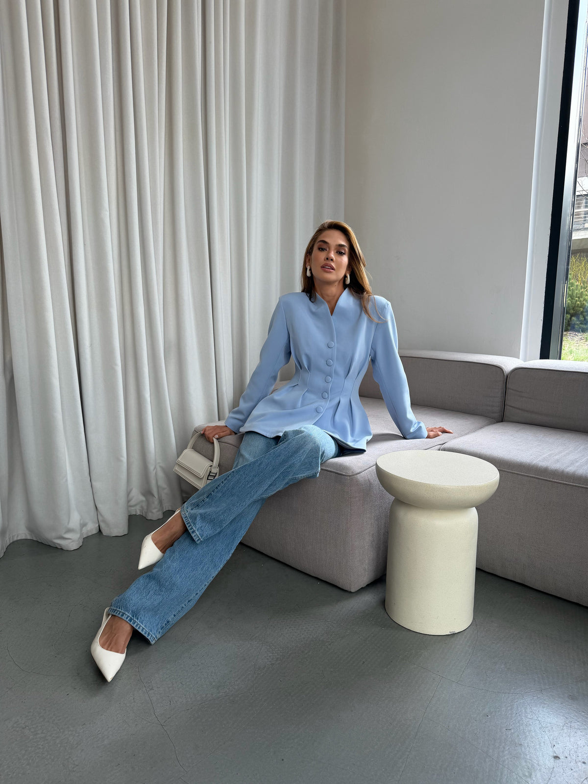 Women's Structured Wool-Blend Tailored Blazer in light blue, alternate view