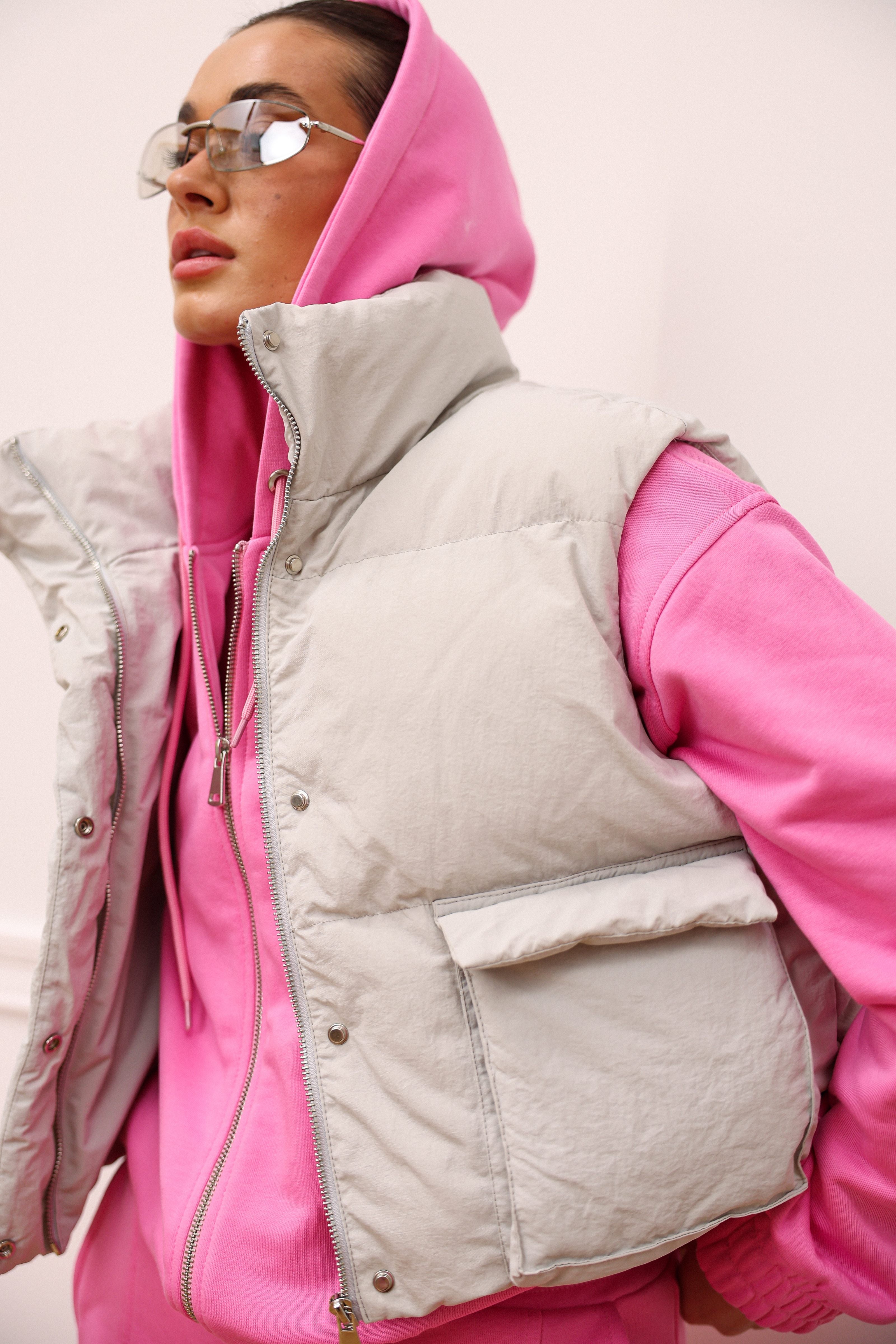 Women's Cropped Insulated Puffer Vest in gray, alternate view