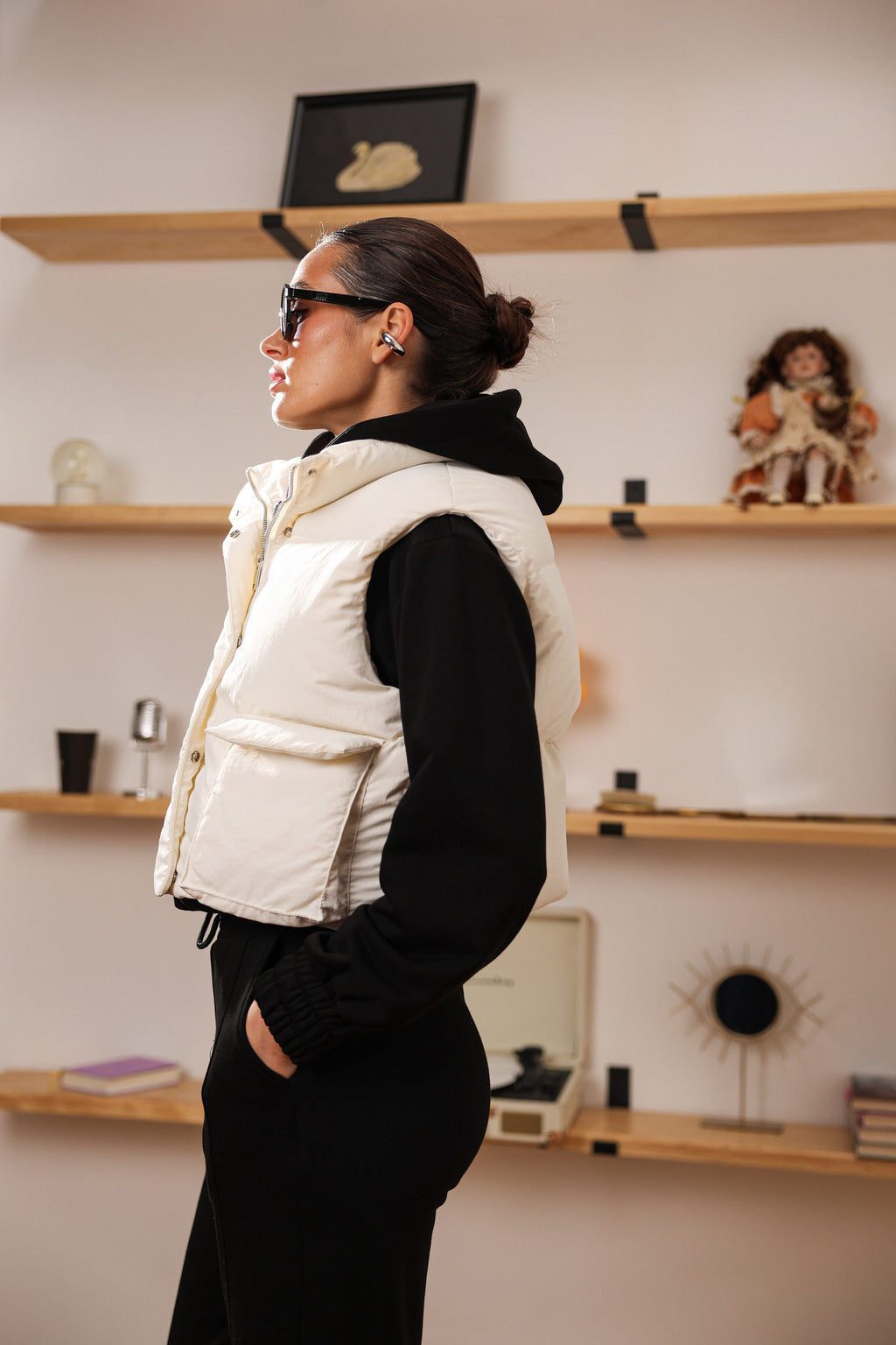 Women's Cropped Insulated Puffer Vest in milk, alternate view