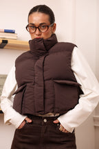 Women's Cropped Insulated Puffer Vest in chocolate, main view