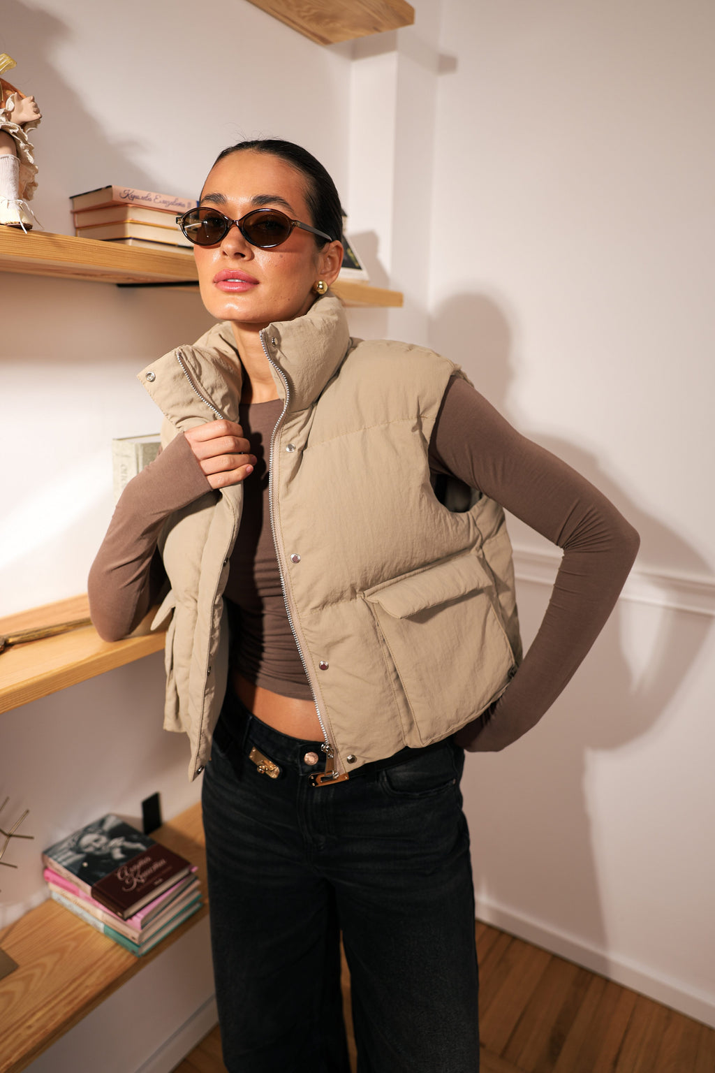 Women's Cropped Insulated Puffer Vest in beige, alternate view
