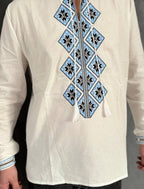 Red Geometric Embroidery, Vyshyvanka, Men in blue-white, fit view