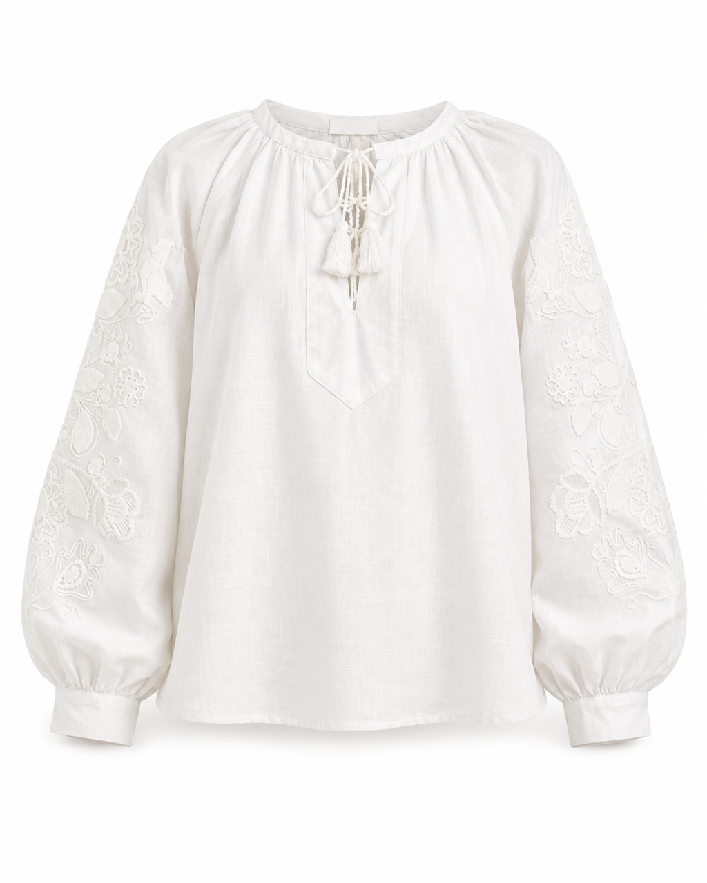 Women's White Embroidered Tie-Neck Vyshyvanka Blouse