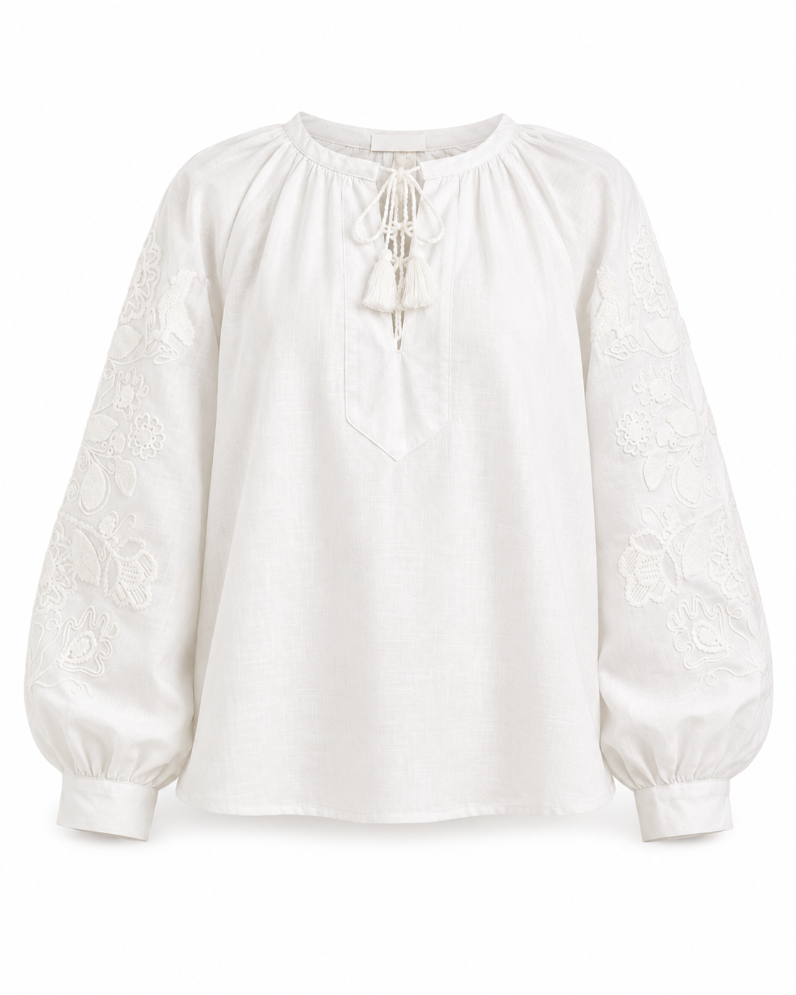Women's White Embroidered Tie-Neck Vyshyvanka Blouse