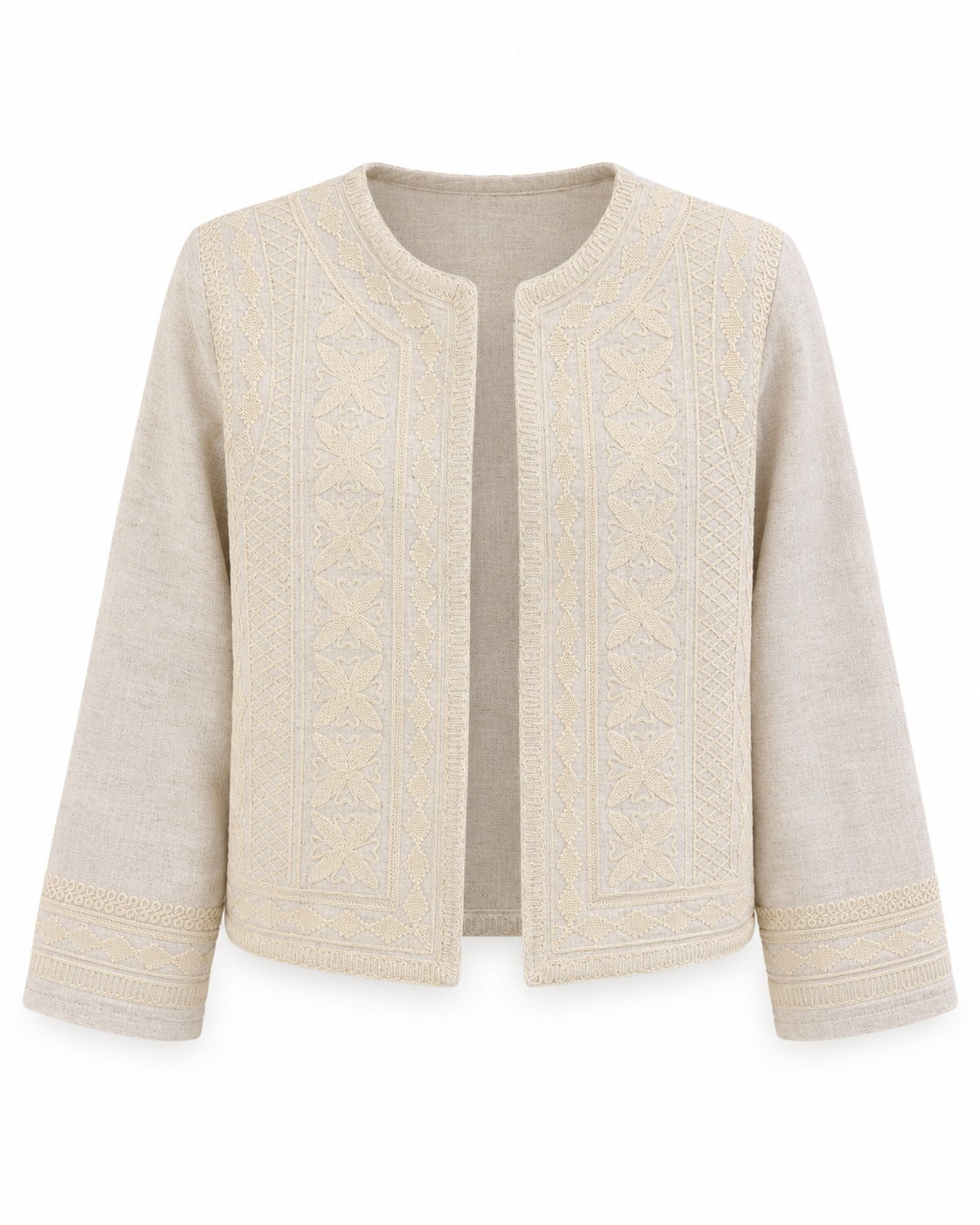 Women's Light Beige Embroidered Jacket - Open Front Vyshyvanka Style