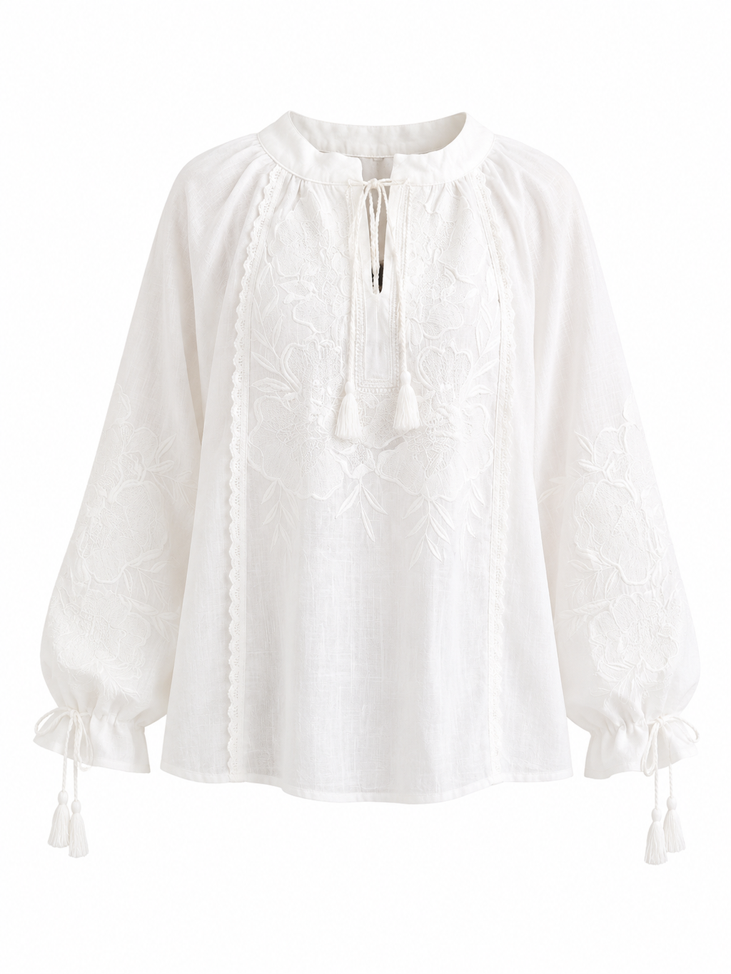 White Tie-Sleeve Embroidered Vyshyvanka Blouse
