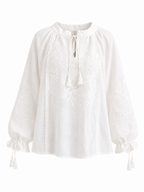 White Tie-Sleeve Embroidered Vyshyvanka Blouse