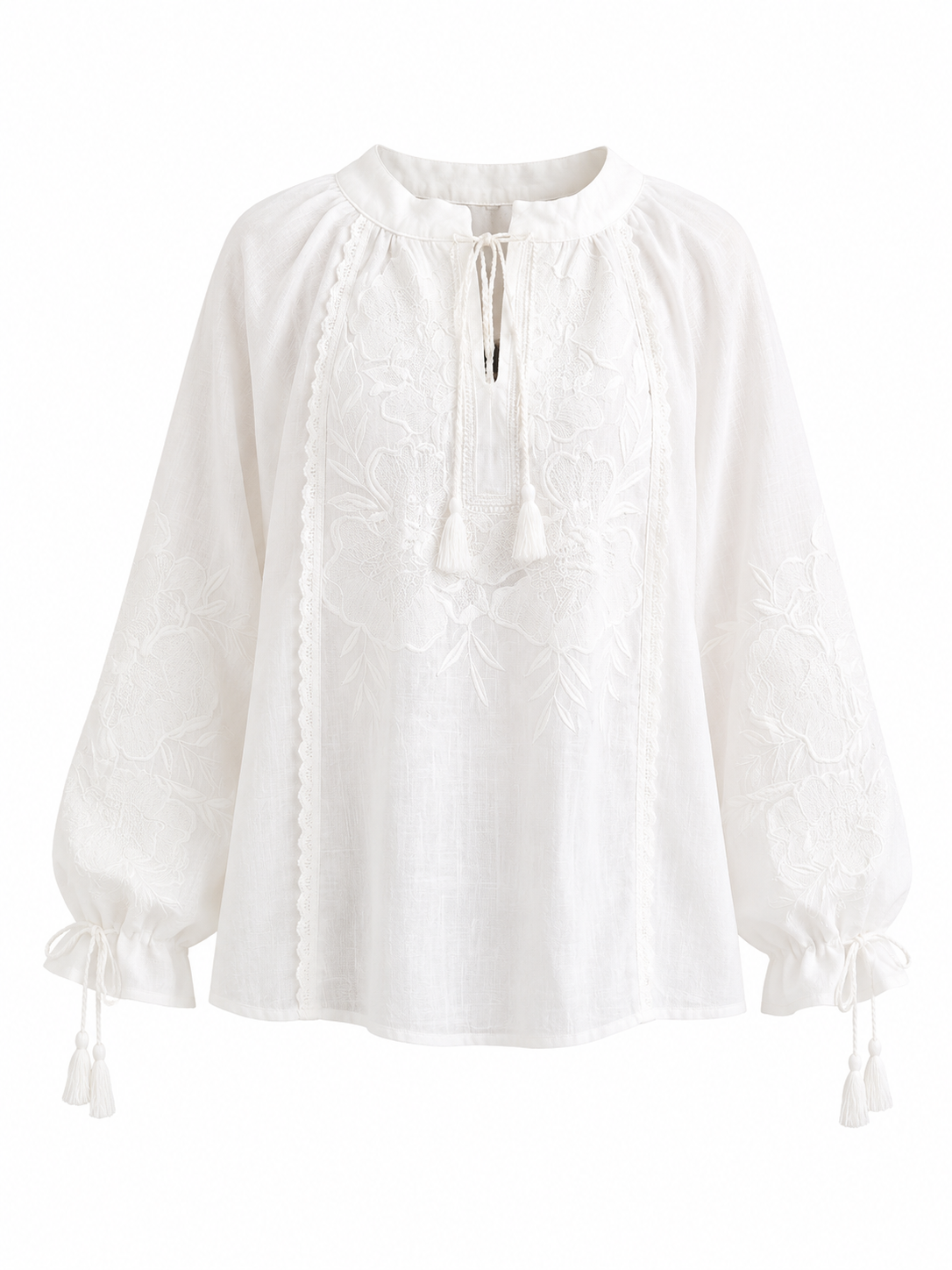 White Tie-Sleeve Embroidered Vyshyvanka Blouse