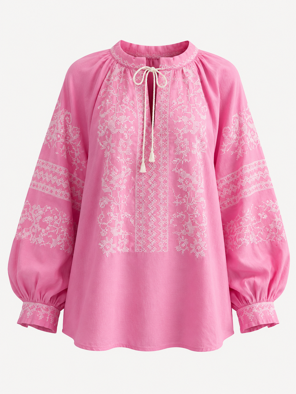 Women's Floral Embroidered Vyshyvanka Blouse - Tie Neck