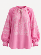 Women's Floral Embroidered Vyshyvanka Blouse - Tie Neck