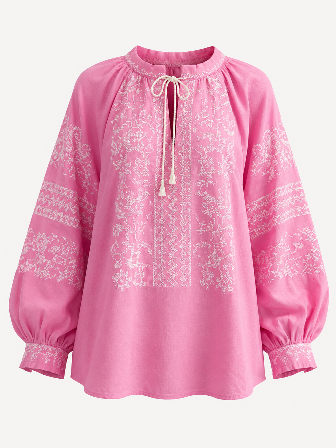 Women's Floral Embroidered Vyshyvanka Blouse - Tie Neck