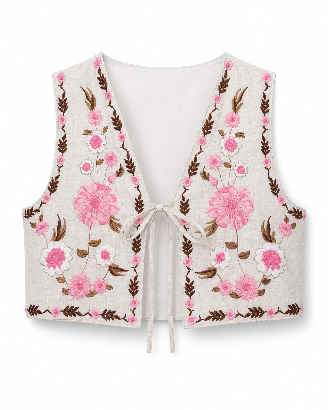 Women's Beige Embroidered Cotton Vest - Lined Vyshyvanka Style