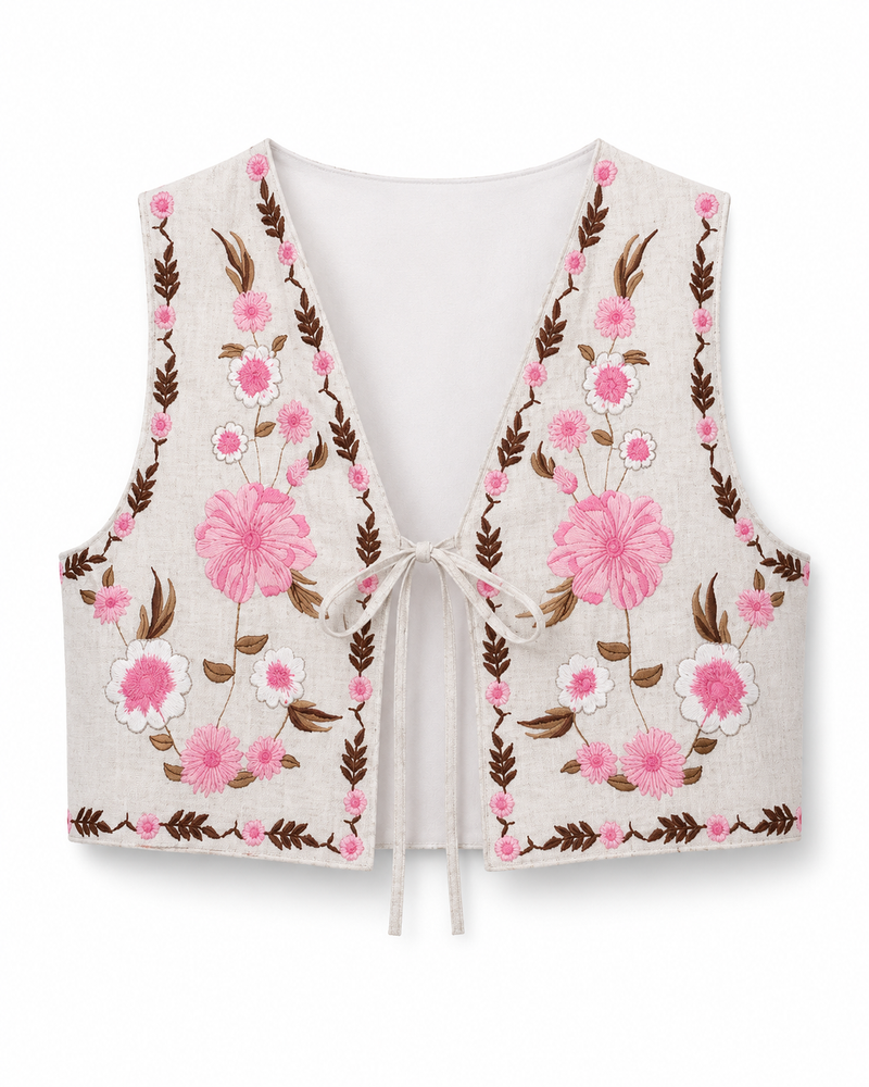 Women's Beige Embroidered Cotton Vest - Lined Vyshyvanka Style