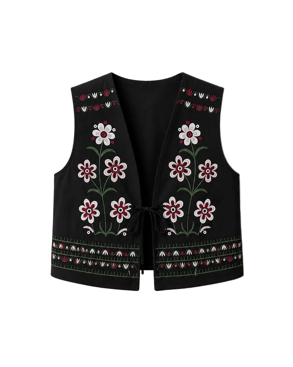 Women's Floral Embroidered Tie Vest - Ukrainian Inspired Layer