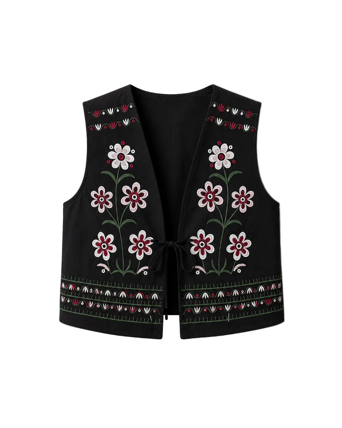 Women's Floral Embroidered Tie Vest - Ukrainian Inspired Layer