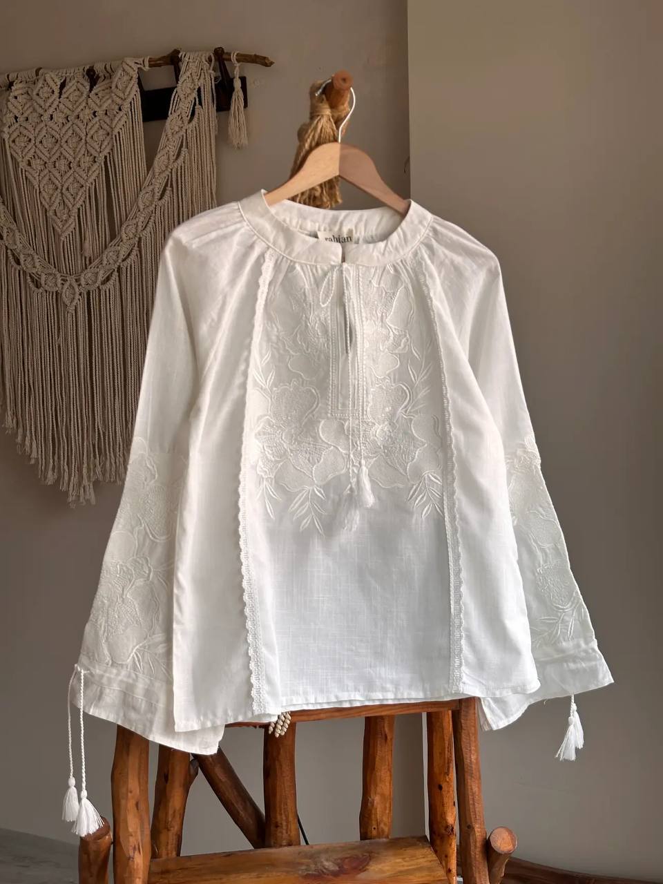 White Tie-Sleeve Embroidered Vyshyvanka Blouse