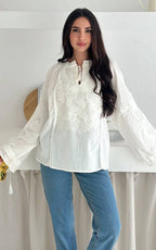 White Tie-Sleeve Embroidered Vyshyvanka Blouse
