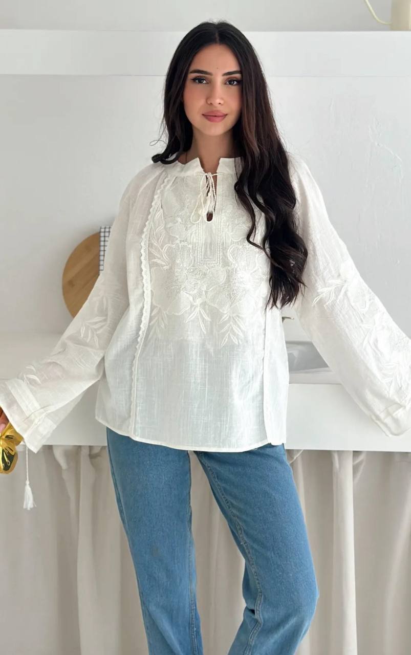 White Tie-Sleeve Embroidered Vyshyvanka Blouse