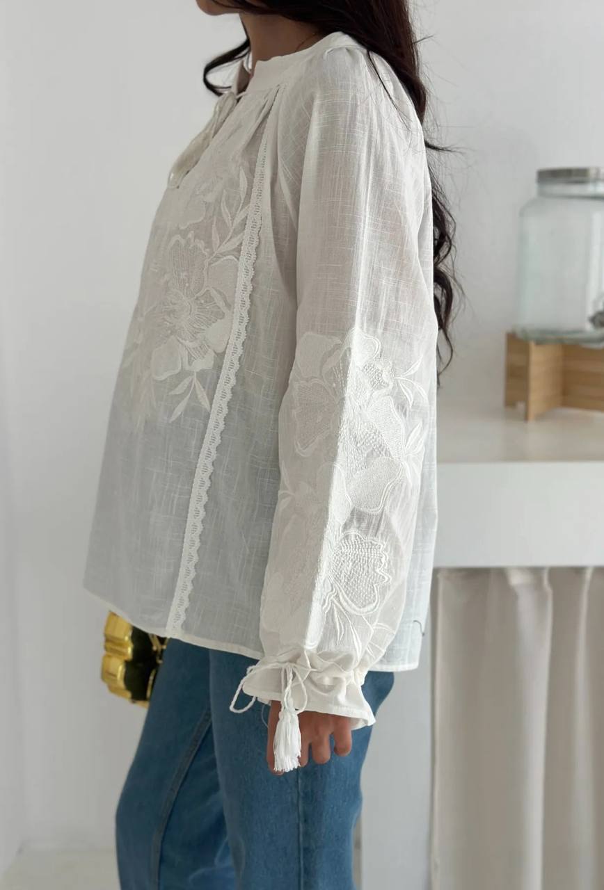 White Tie-Sleeve Embroidered Vyshyvanka Blouse