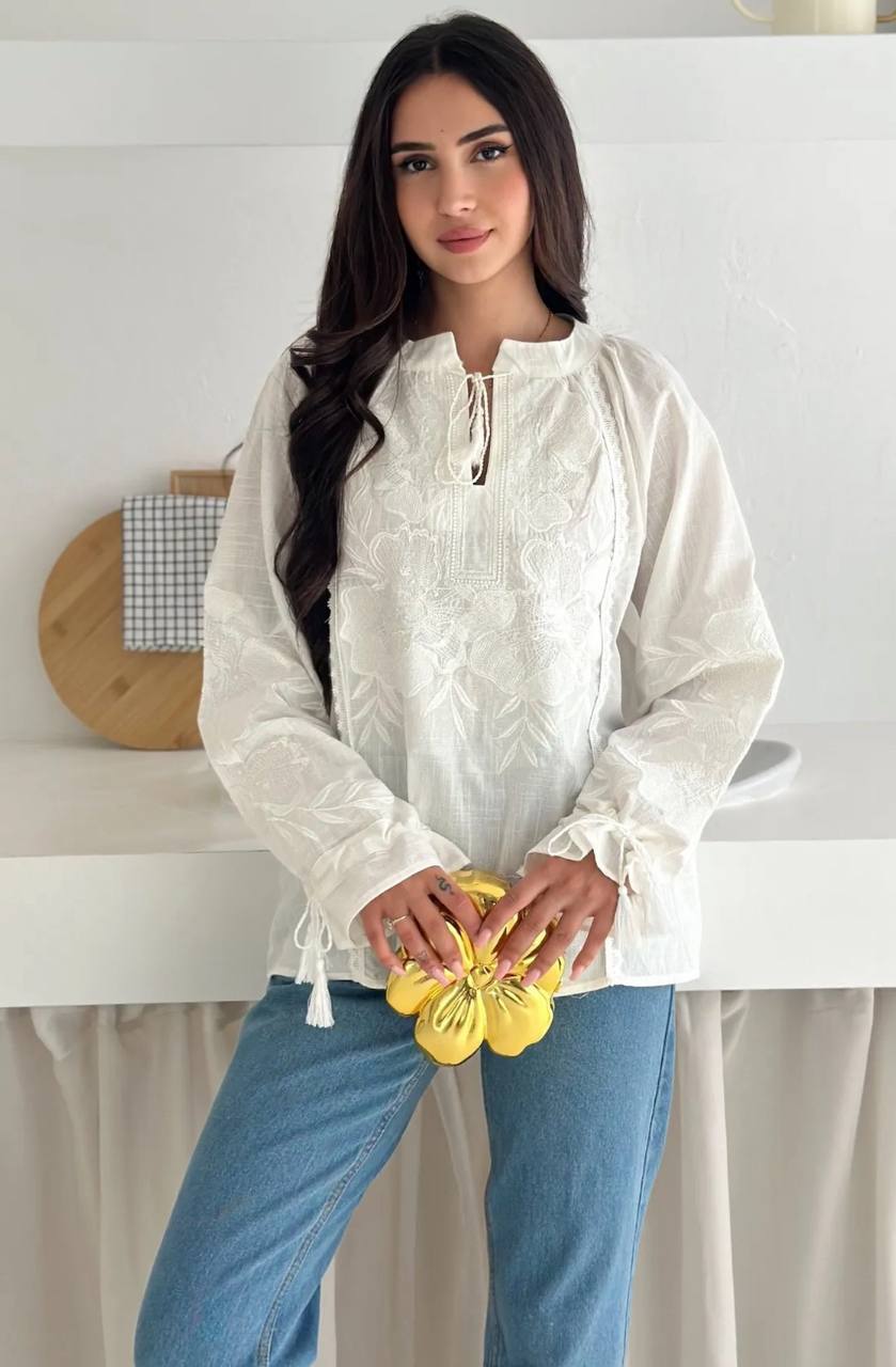 White Tie-Sleeve Embroidered Vyshyvanka Blouse