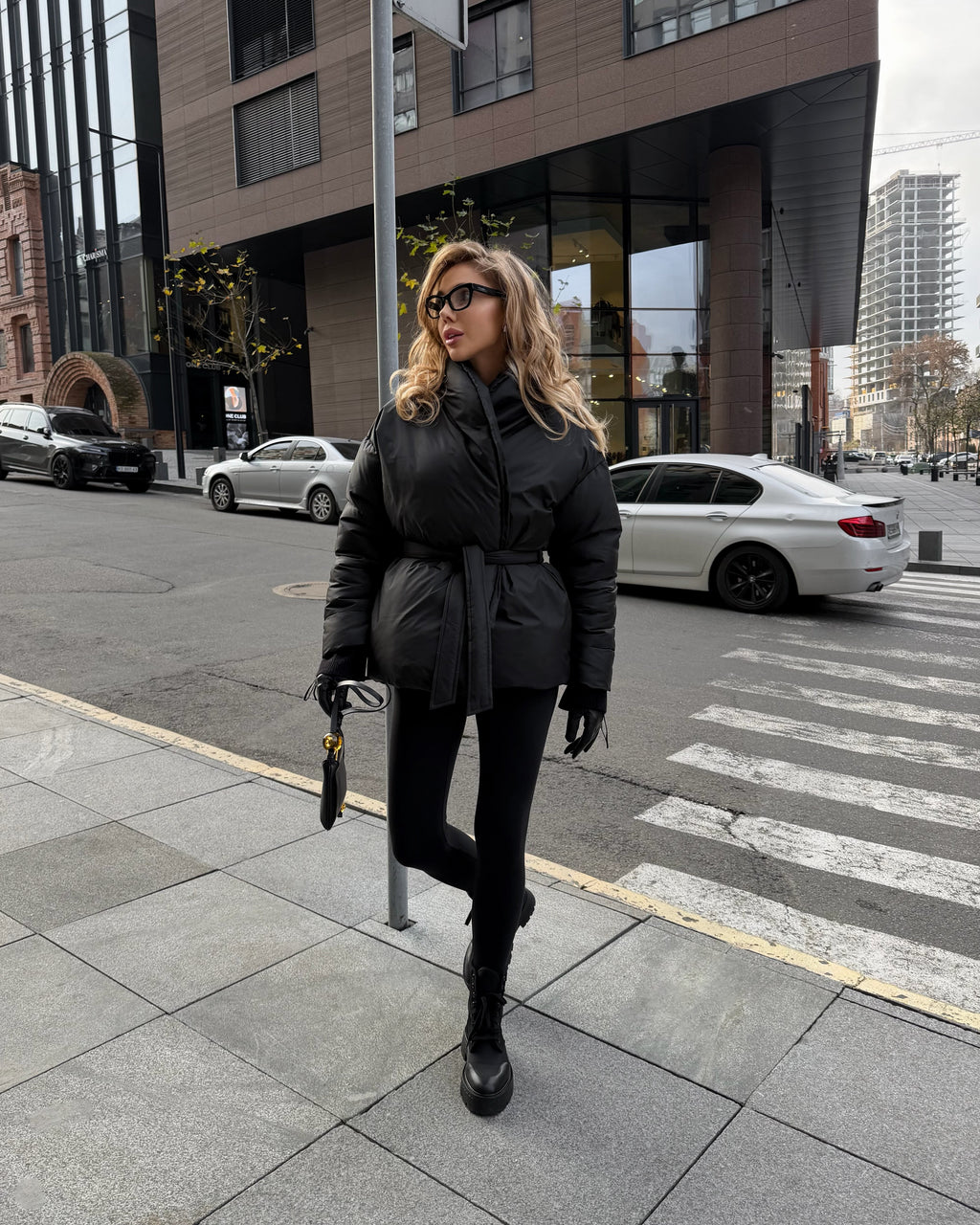 Women's Belted Winter Puffer Coat in black, main view