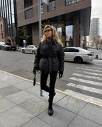 Women's Belted Winter Puffer Coat in black, main view