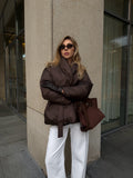 Women's Belted Winter Puffer Coat in chocolate, main view