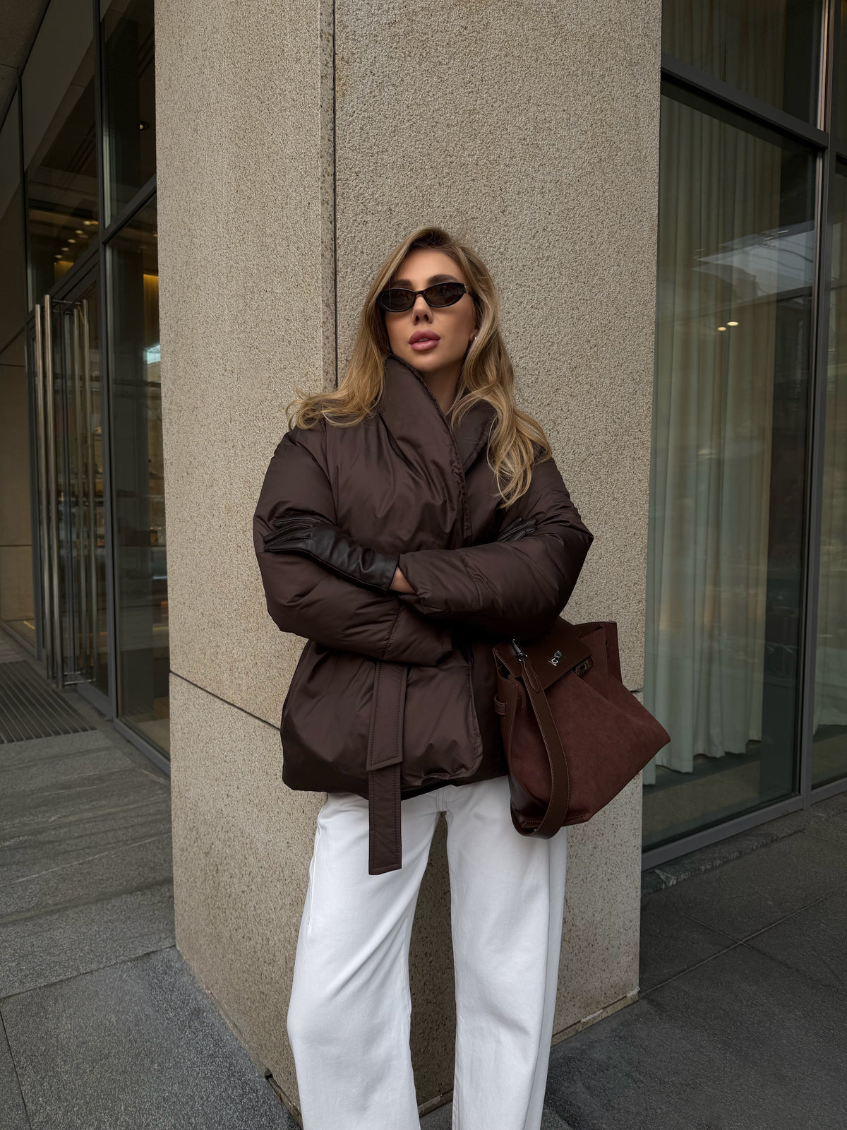 Women's Belted Winter Puffer Coat in chocolate, main view