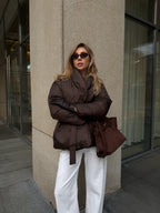 Women's Belted Winter Puffer Coat in chocolate, main view