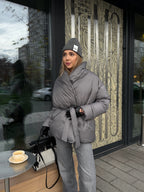 Women's Belted Winter Puffer Coat in gray, main view