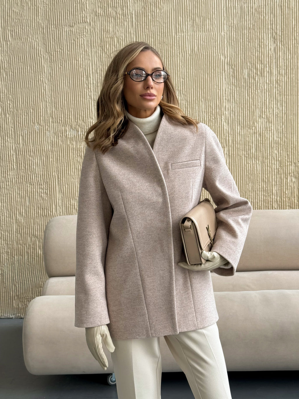 Women's Belted Tailored Coat in beige, main view