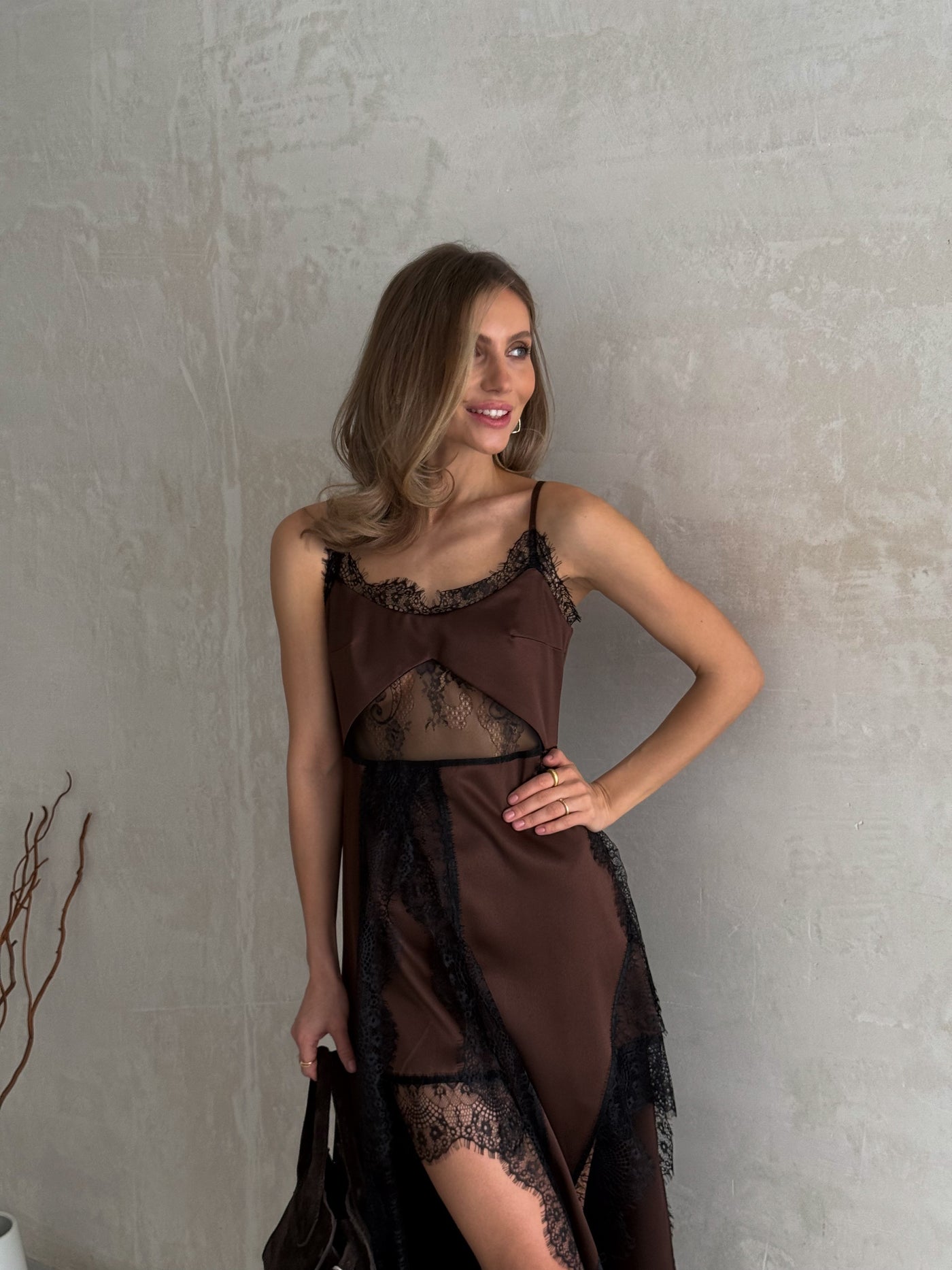 Women's Asymmetric Dress Gloria — Premium Satin & Lace, main view