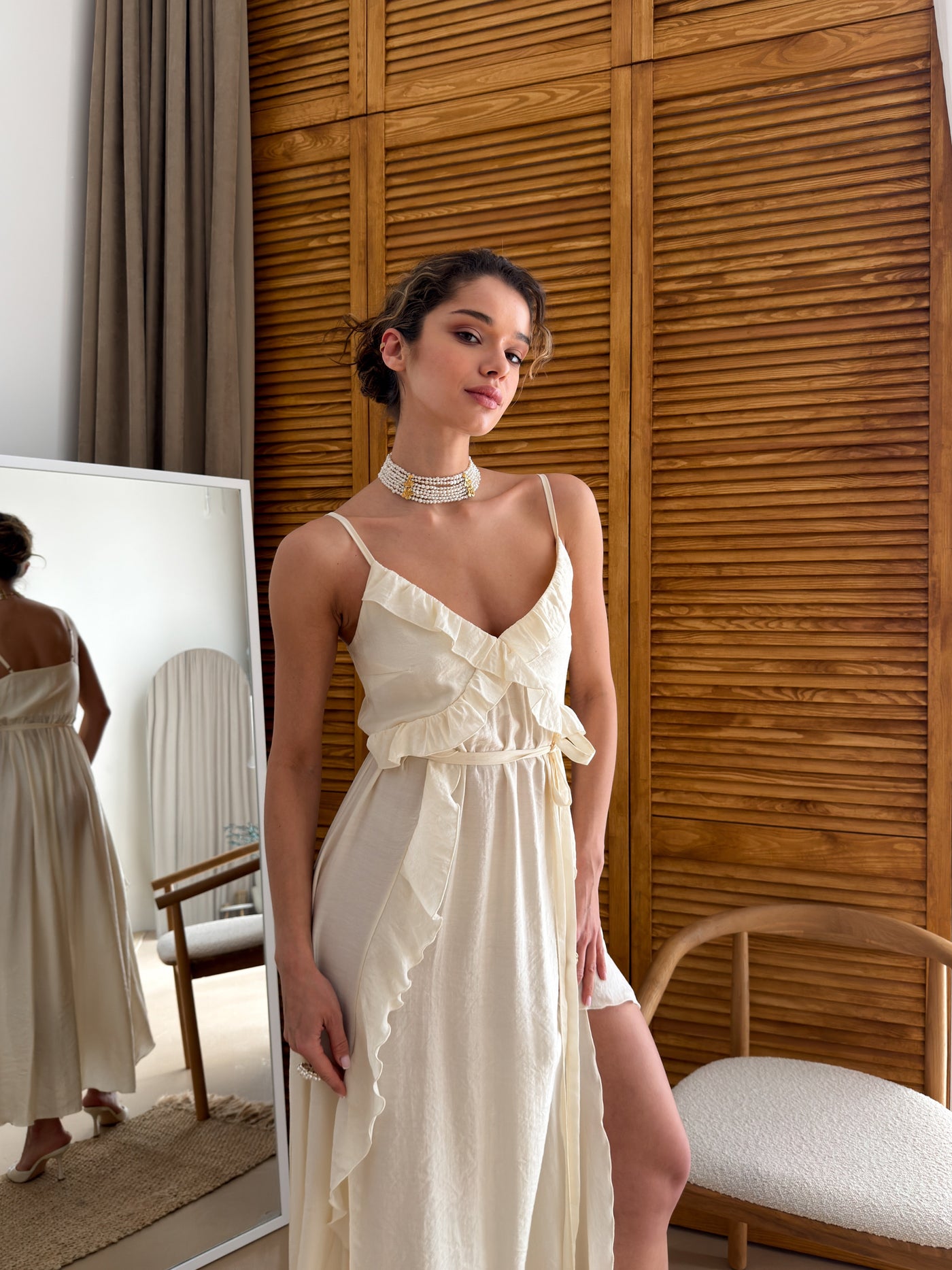 Women's Cotton Midi Dress Susie — V-Neck, Ruffles & Adjustable Waist, main view