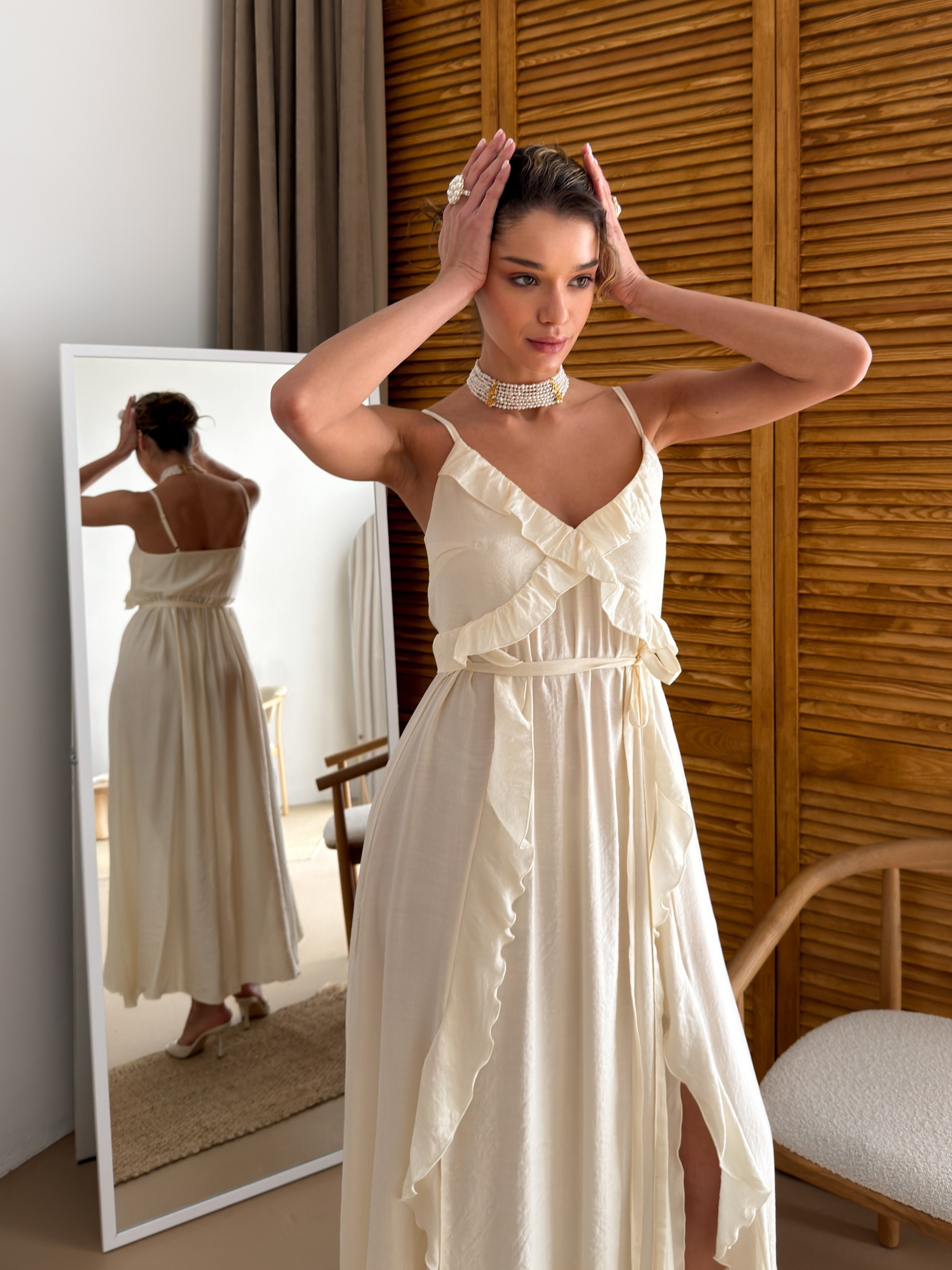 Women's Cotton Midi Dress Susie — V-Neck, Ruffles & Adjustable Waist