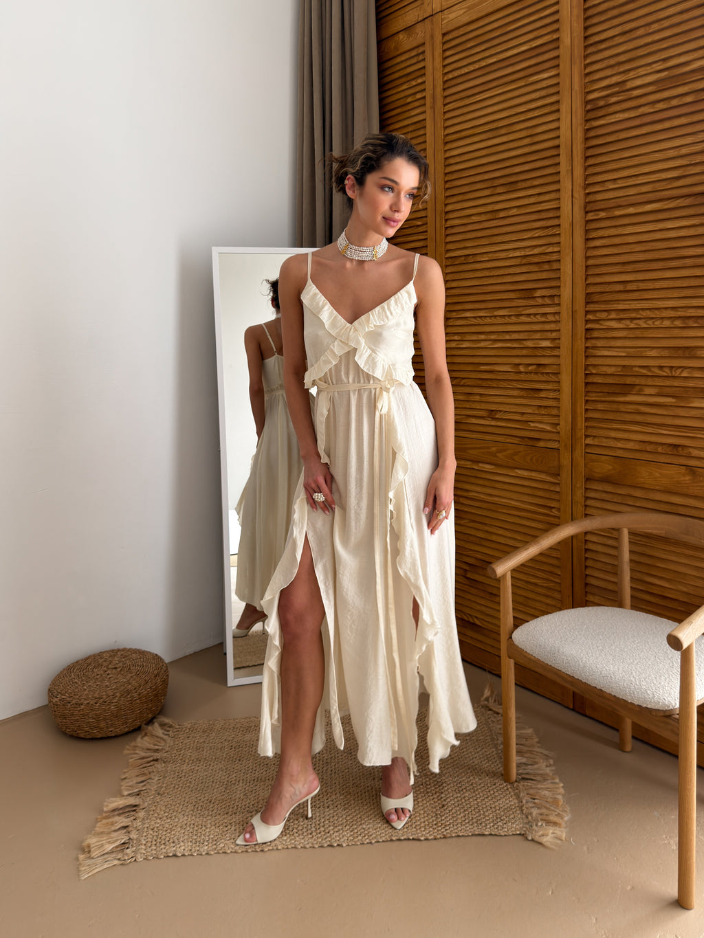 Women's Cotton Midi Dress Susie — V-Neck, Ruffles & Adjustable Waist