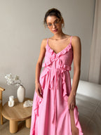 Women's Cotton Midi Dress Susie — V-Neck, Ruffles & Adjustable Waist