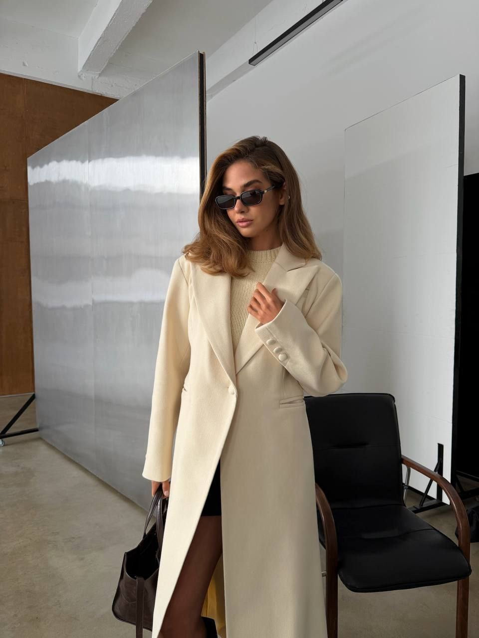 Florencia Long Wool Blend Coat, Elegant Full-Length Coat in Milk, main view