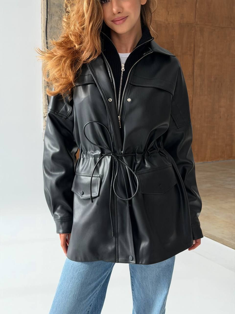 Celine Eco Leather Parka, Waist-Cinched Luxe Outerwear in Black, main view